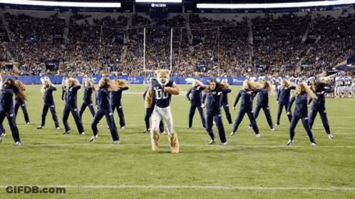 Cheerleaders Dancing With Mascot In Jersey Number 80 GIF