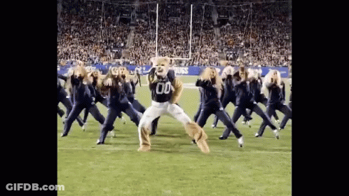Cheerleaders Dancing With Mascot In Number 00 Jersey GIF
