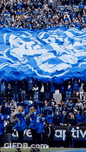 Cheerleaders Holding Up A Large Blue And White Banner That Says Ravens On It GIF