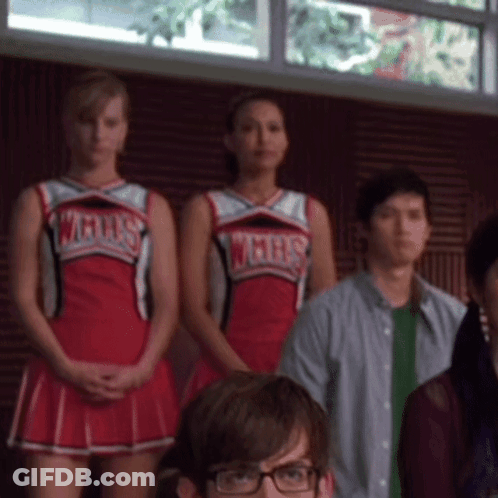 Cheerleaders In WMHS Uniforms Standing In Room GIF