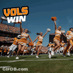 Cheerleaders On A Football Field With The Words Vols Win Behind Them GIF