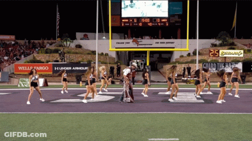 Cheerleaders On Football Field With Scoreboard 25 Seconds Left GIF