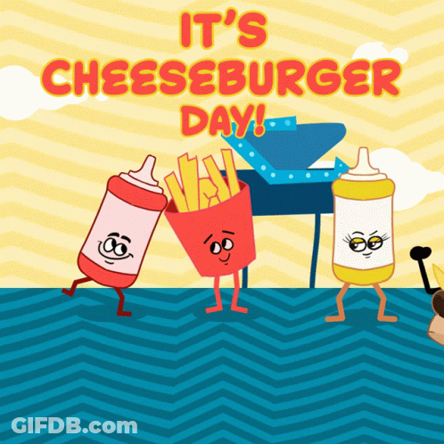 Cheeseburger Day Poster With French Fries Ketchup And Mustard Characters GIF