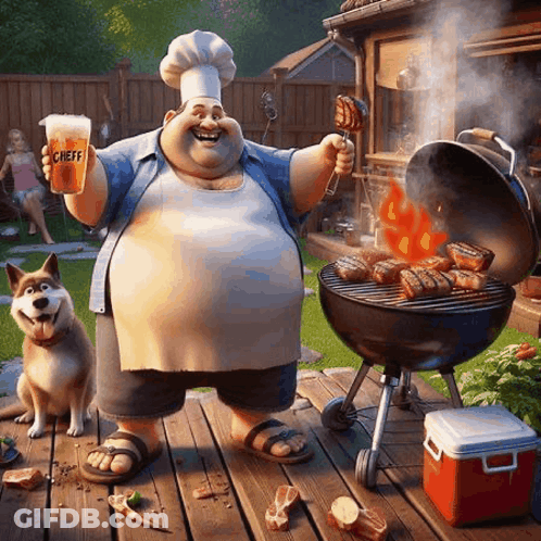 Chef Cooking On Grill Holding Beer GIF