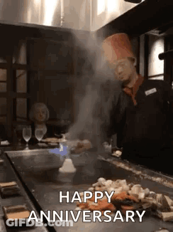 Chef Cooking On Grill Saying Happy Anniversary GIF