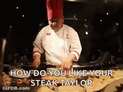 Chef Cooking Steaks On Grill Saying How Do You Like Your Steak Taylor GIF