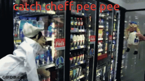 Chef Costume Man In Front Of Fridge Saying Catch Chef Pee Pee GIF