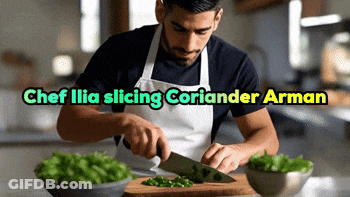 Chef Ilia Slices Coriander On A Cutting Board With A Knife GIF