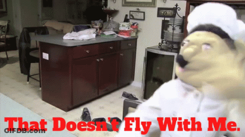 Chef In Kitchen With That Doesn't Fly With Me Text GIF