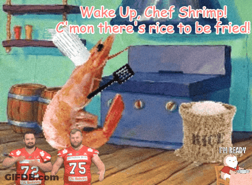 Chef Shrimp Holding Spatula With Two Men In Red Jerseys 75 GIF