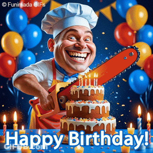 Chef With Chainsaw Cutting Birthday Cake GIF