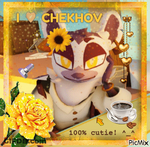 Chekhov With Sunflower In Hair And Coffee GIF