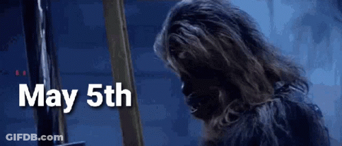 Chewbacca Is Standing In Front Of A Sign That Says May 5Th . GIF