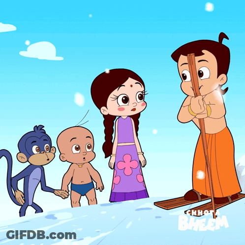 Chhota Bheem Characters On Skis In Snow GIF