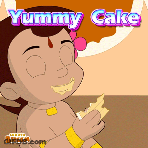 Chhota Bheem Eating Cake With Yummy Cake Text GIF