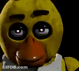 Chica The Chicken From Five Nights At Freddy 'S Is A Yellow Duck With Purple Eyes And A Large Beak . GIF