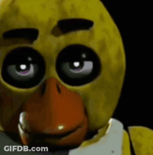 Chica The Chicken From Five Nights At Freddy 'S Is Looking At The Camera With A Serious Look On His Face . GIF