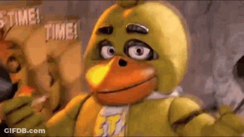 Chica The Chicken From Five Nights At Freddy 'S Is Wearing A Duck Costume And Holding A Microphone . GIF