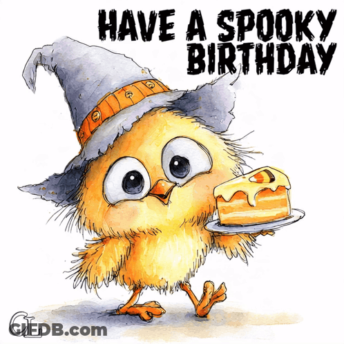 Chick In Witch Hat Holding Cake GIF