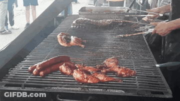 Chicken And Sausages Cooking On Grill GIF