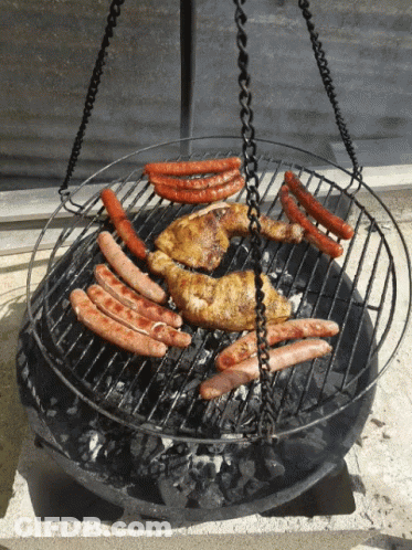 Chicken And Sausages Cooking On Grill With Hanging Chains GIF