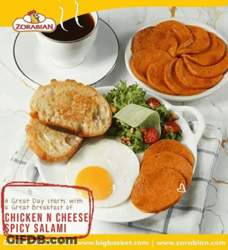 Chicken Cheese Spicy Salami Breakfast With Eggs And Toast GIF