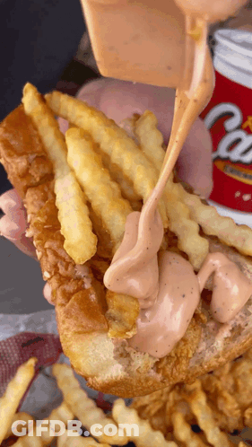 Chicken Sandwich And French Fries Dipped In Ranch Dressing GIF