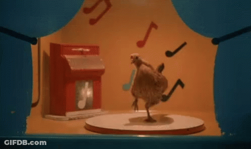Chicken Standing On Round Table With Music Notes GIF