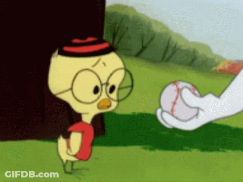 Chicken With Glasses Hat Watches Rabbit With Baseball GIF