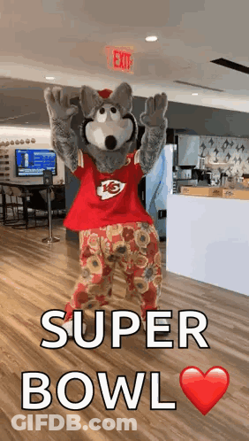Chiefs Mascot Dancing In Room With Super Bowl Text GIF