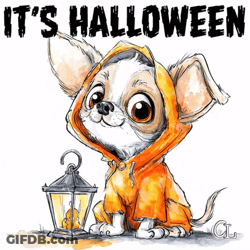 Chihuahua In Orange Hoodie Holding Lantern Saying It's Halloween GIF