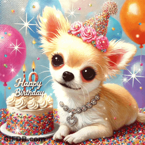 Chihuahua In Party Hat Next To Birthday Cake With Number 10 GIF
