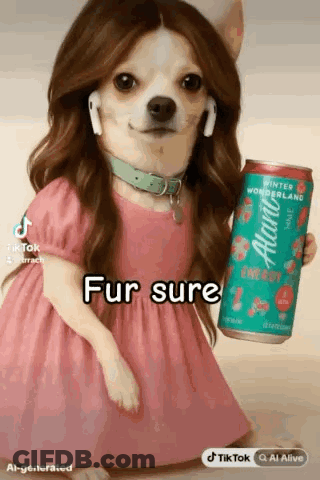Chihuahua In Pink Dress And Headphones Holding Energy Drink GIF