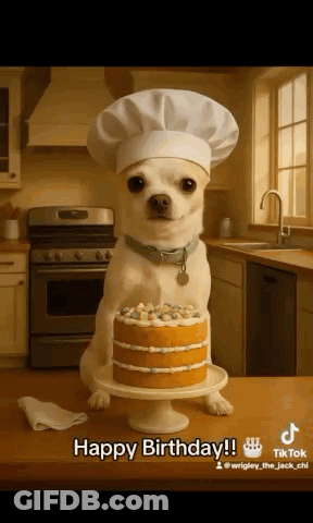Chihuahua Wearing Chef Hat Holding Cake GIF