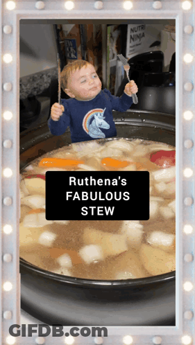 Child In Pot Of Stew Saying Ruthena's Fabulous Stew GIF