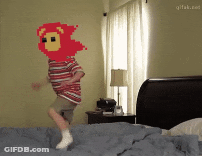Child Jumping On Bed With Pixelated Lion Face GIF