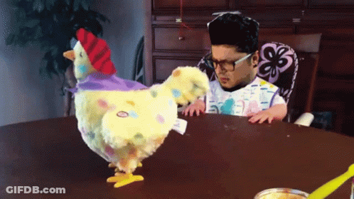 Child Playing With Stuffed Chicken Tag Saying Chicken GIF