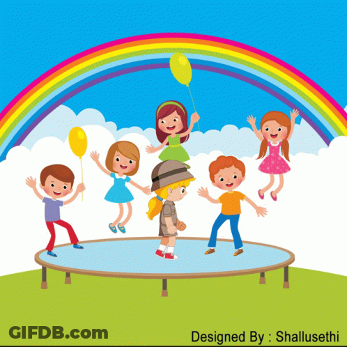 Children Are Jumping On A Trampoline Under A Rainbow GIF