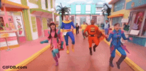 Children In Superhero Costumes Running GIF