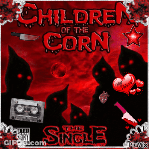 Children Of The Corn The Single Album Cover Has A Knife And A Heart On It GIF