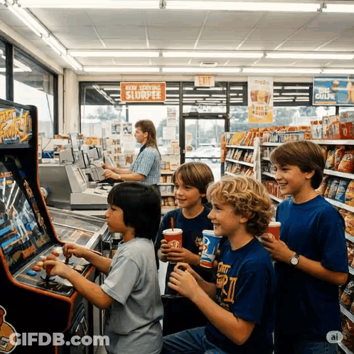 Children Playing Video Game By Now Serving Slurpee Sign GIF