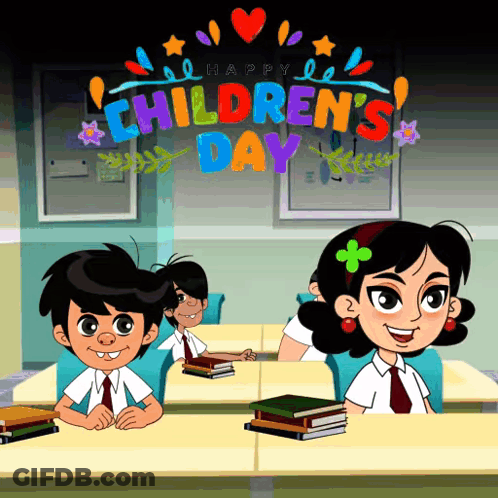 Children's Day Greeting Card With Boy And Girl GIF