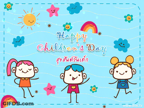 Children's Day Greeting Card With Rainbow And Flowers GIF