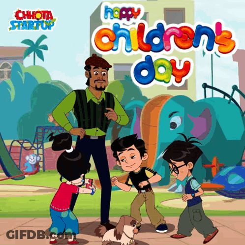 Children's Day Poster With Man And Kids Playing With Dog GIF