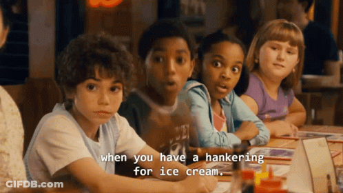 Children Sitting At Table With Ice Cream Craving GIF