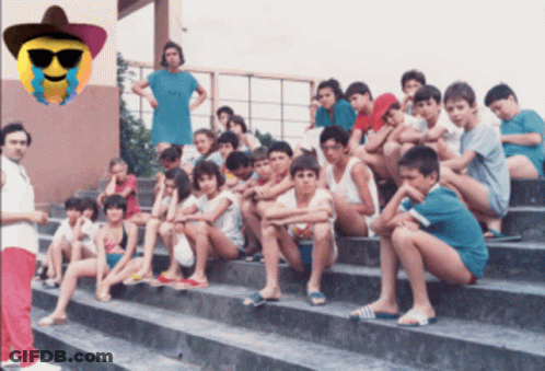 Children Sitting On Stairs With Smiley Face GIF
