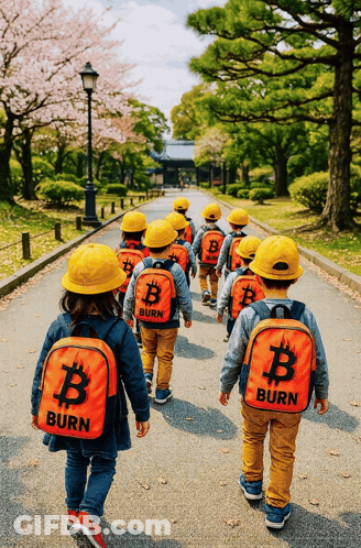 Children With Backpacks Saying Burn Walking GIF