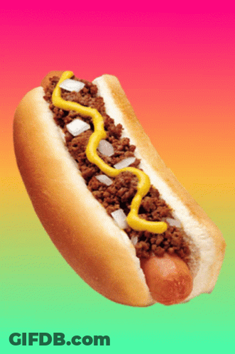 Chili Hot Dog With Mustard And Onions GIF