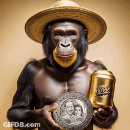 Chimpanzee In Straw Hat Holding Gold Can HODL GIF