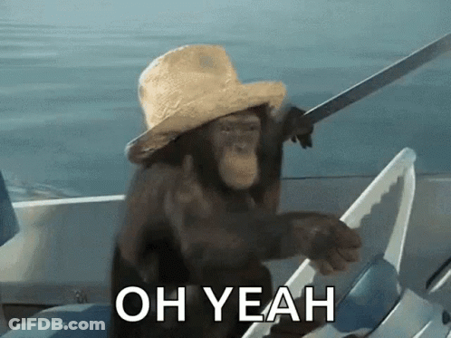 Chimpanzee In Straw Hat On Boat Saying Oh Yeah GIF